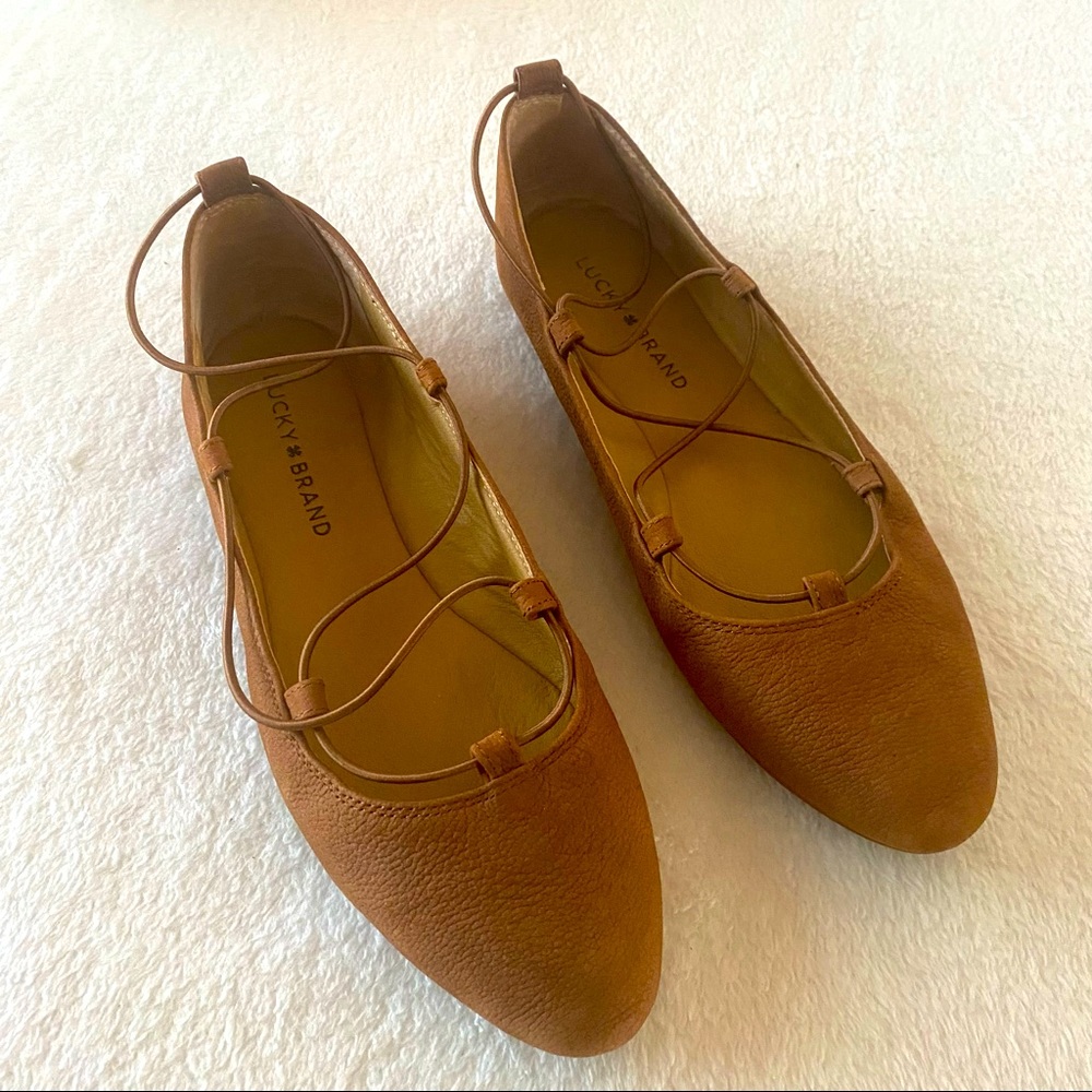 Lucky Brand Women Aviee Ballet Flats Shoes 7M Toffee Brown Leather Elastic Strap